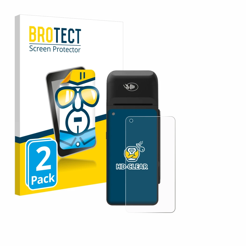 Front side of a product packaging with the brand logo BROTECT. Next to it is the device Verifone T650c shown with the correspo