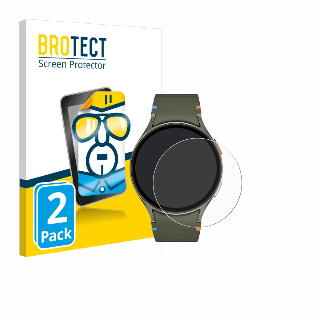Front side of a product packaging with the brand logo BROTECT. Next to it is the device Samsung Galaxy Watch 7 (44 mm) shown w