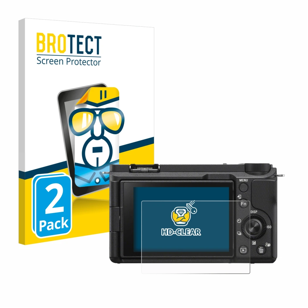 Front side of a product packaging with the brand logo BROTECT. Next to it is the device Sony Alpha ZV-E10 II shown with the co