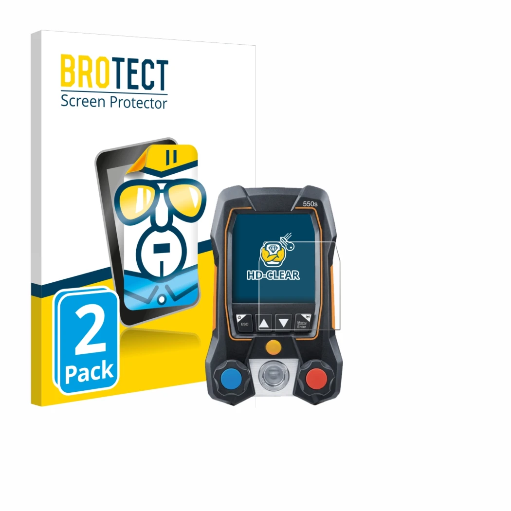 Front side of a product packaging with the brand logo BROTECT. Next to it is the device Testo 550s shown with the correspondin