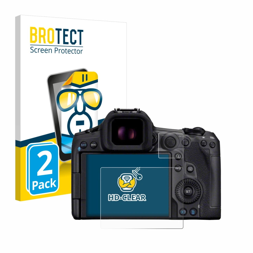 Front side of a product packaging with the brand logo BROTECT. Next to it is the device Canon EOS R5 Mark II shown with the co