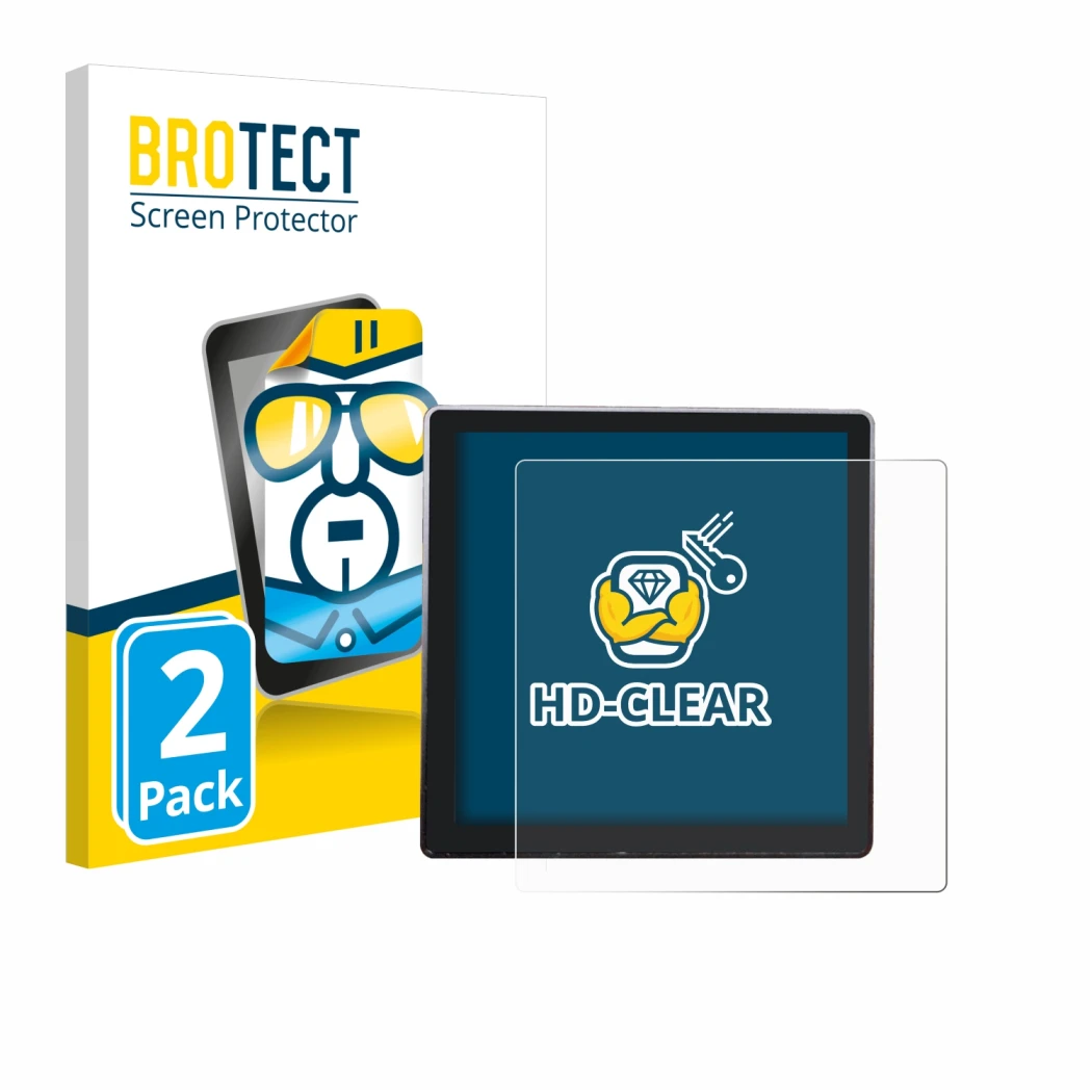 Front side of a product packaging with the brand logo BROTECT. Next to it is the device Shelly Wall Display shown with the cor