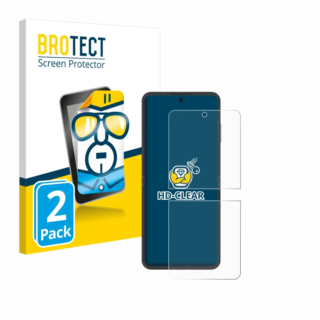 Front side of a product packaging with the brand logo BROTECT. Next to it is the device Nubia Flip 5G shown with the correspon