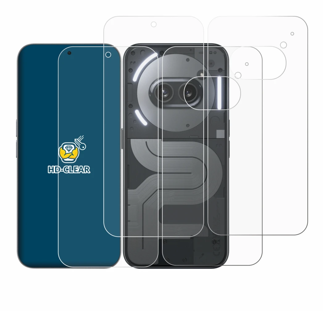 Image of the device Nothing Phone (2a) Plus (Front+Back) with a wide variety of screen protectors.