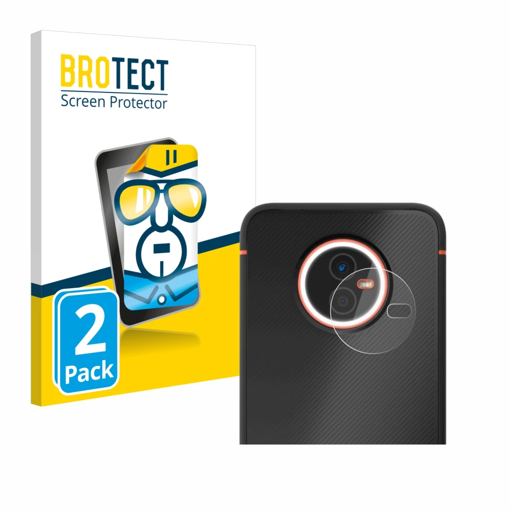 Front side of a product packaging with the brand logo BROTECT. Next to it is the device Gigaset GX4 Pro (ONLY Camera Lens) sho