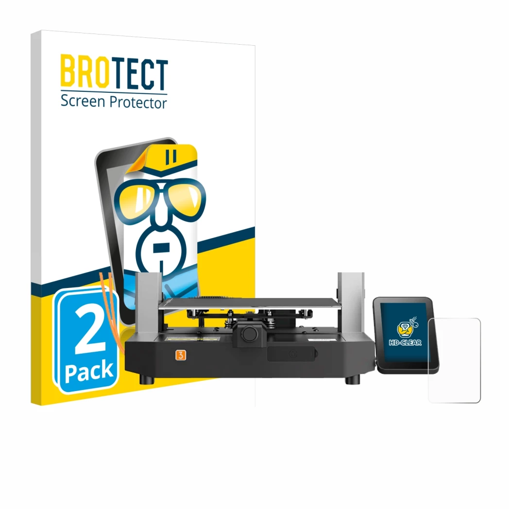 Front side of a product packaging with the brand logo BROTECT. Next to it is the device Anycubic Kobra 3 shown with the corres
