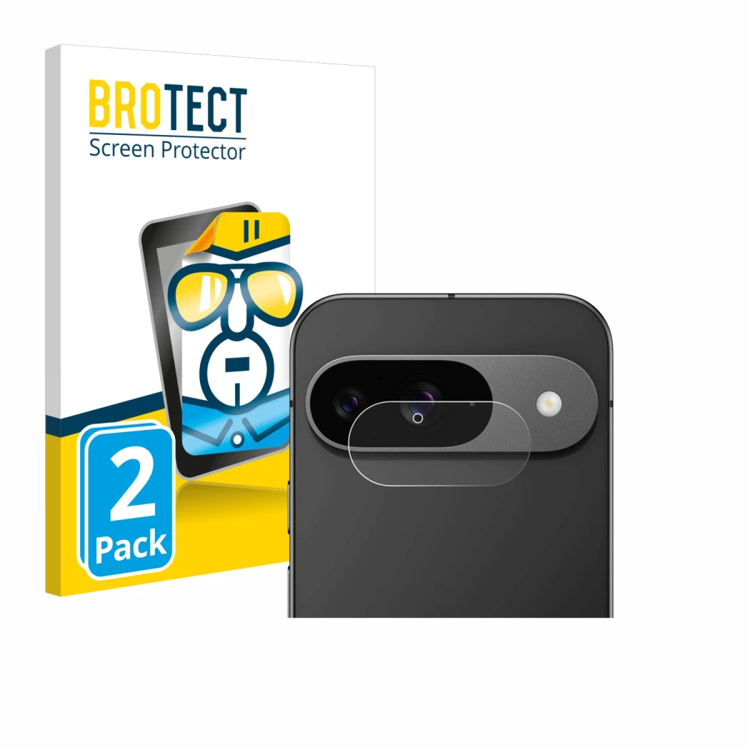 Front side of a product packaging with the brand logo BROTECT. Next to it is the device Google Pixel 9 (ONLY Camera Lens) show