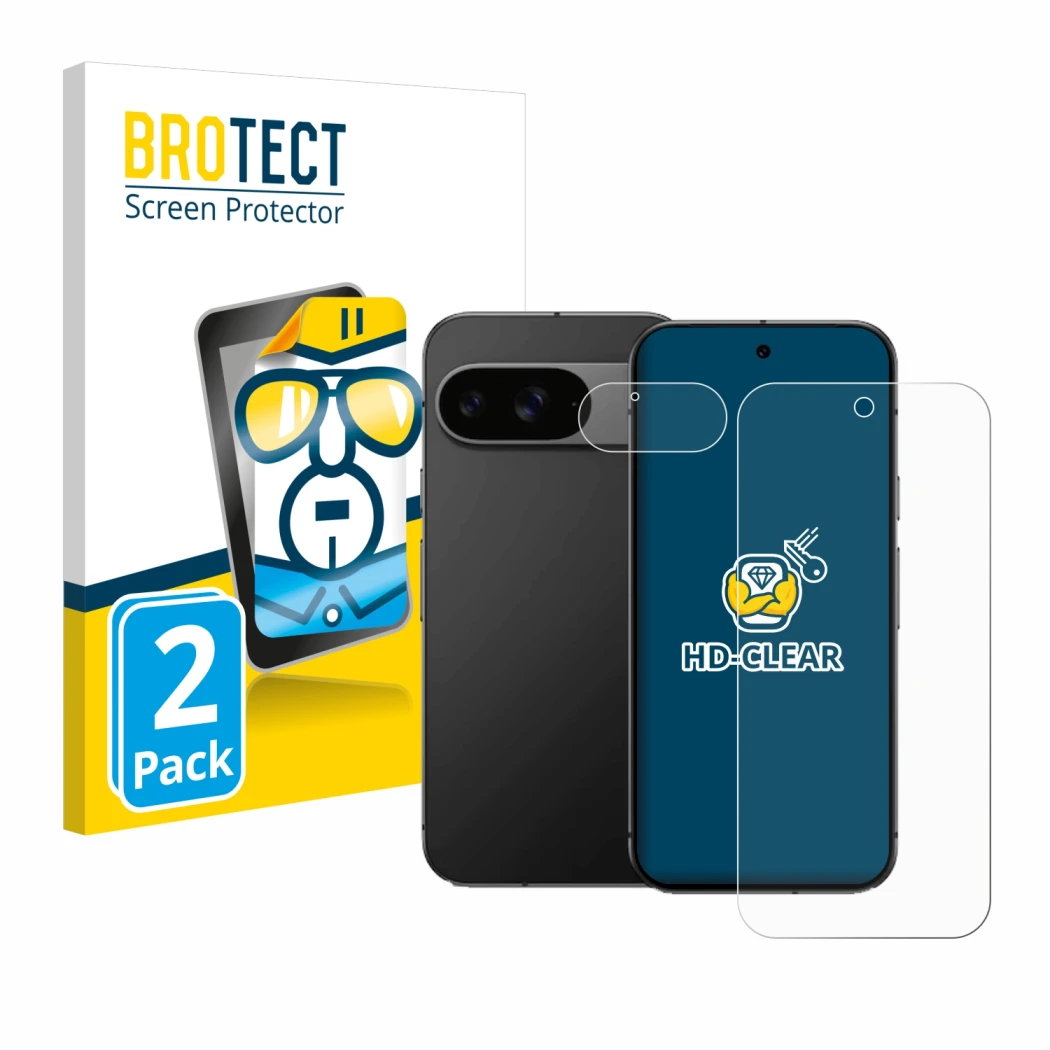 Front side of a product packaging with the brand logo BROTECT. Next to it is the device Google Pixel 9 (Front+Camera) shown wi