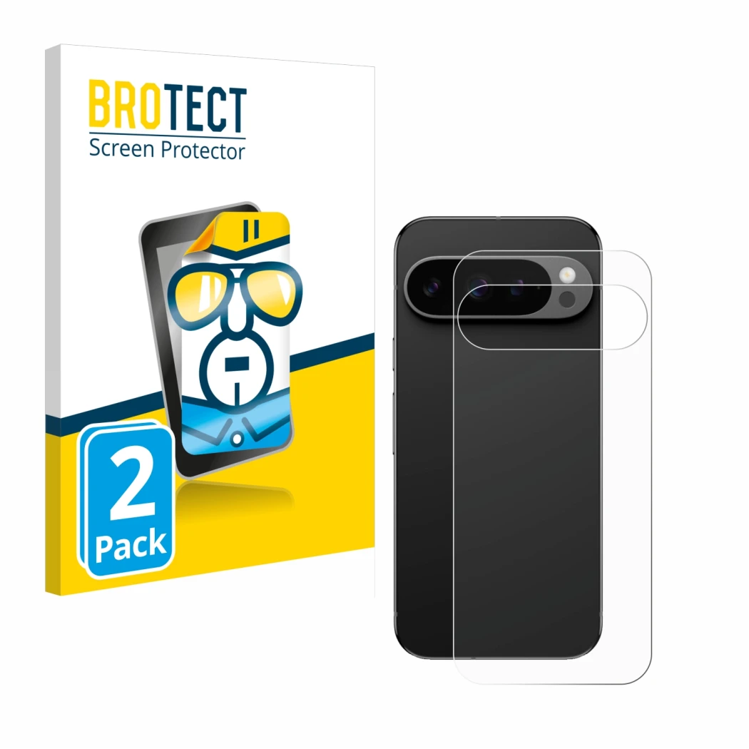 Front side of a product packaging with the brand logo BROTECT. Next to it is the device Google Pixel 9 Pro (Back) shown with t