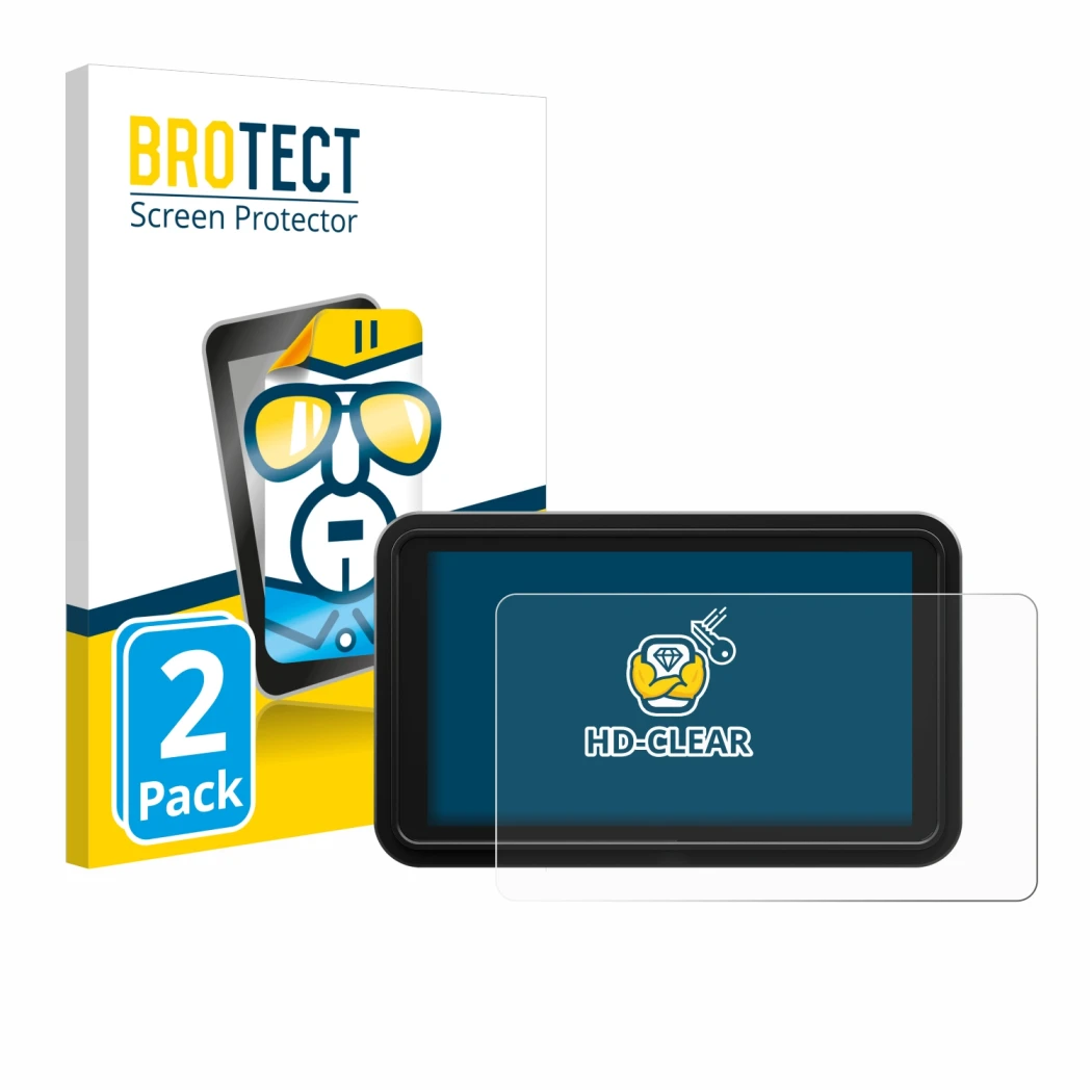 Front side of a product packaging with the brand logo BROTECT. Next to it is the device Atomos Shinobi 2 shown with the corres