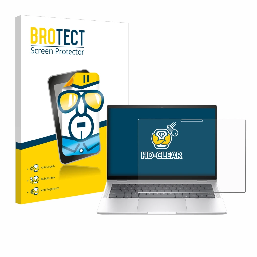 Front side of a product packaging with the brand logo BROTECT. Next to it is the device HP EliteBook x360 1040 14 G11 2-in-1 s