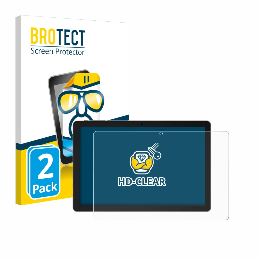 Front side of a product packaging with the brand logo BROTECT. Next to it is the device XGODY N02 Pro 10.1