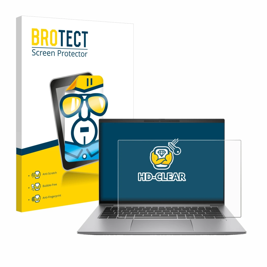 Front side of a product packaging with the brand logo BROTECT. Next to it is the device HP Zbook Firefly 14 G11 shown with the