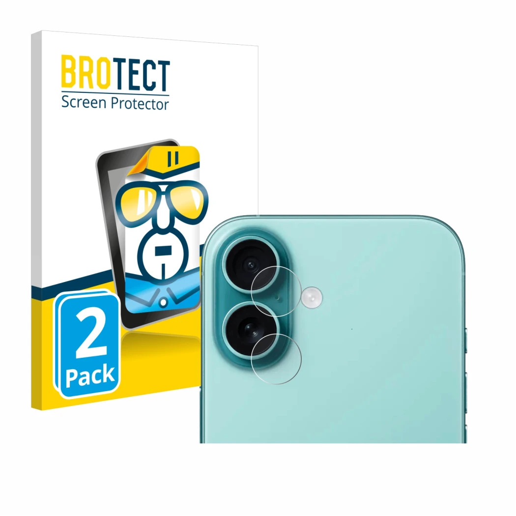 Front side of a product packaging with the brand logo BROTECT. Next to it is the device Apple iPhone 16 (ONLY Camera Lens) sho