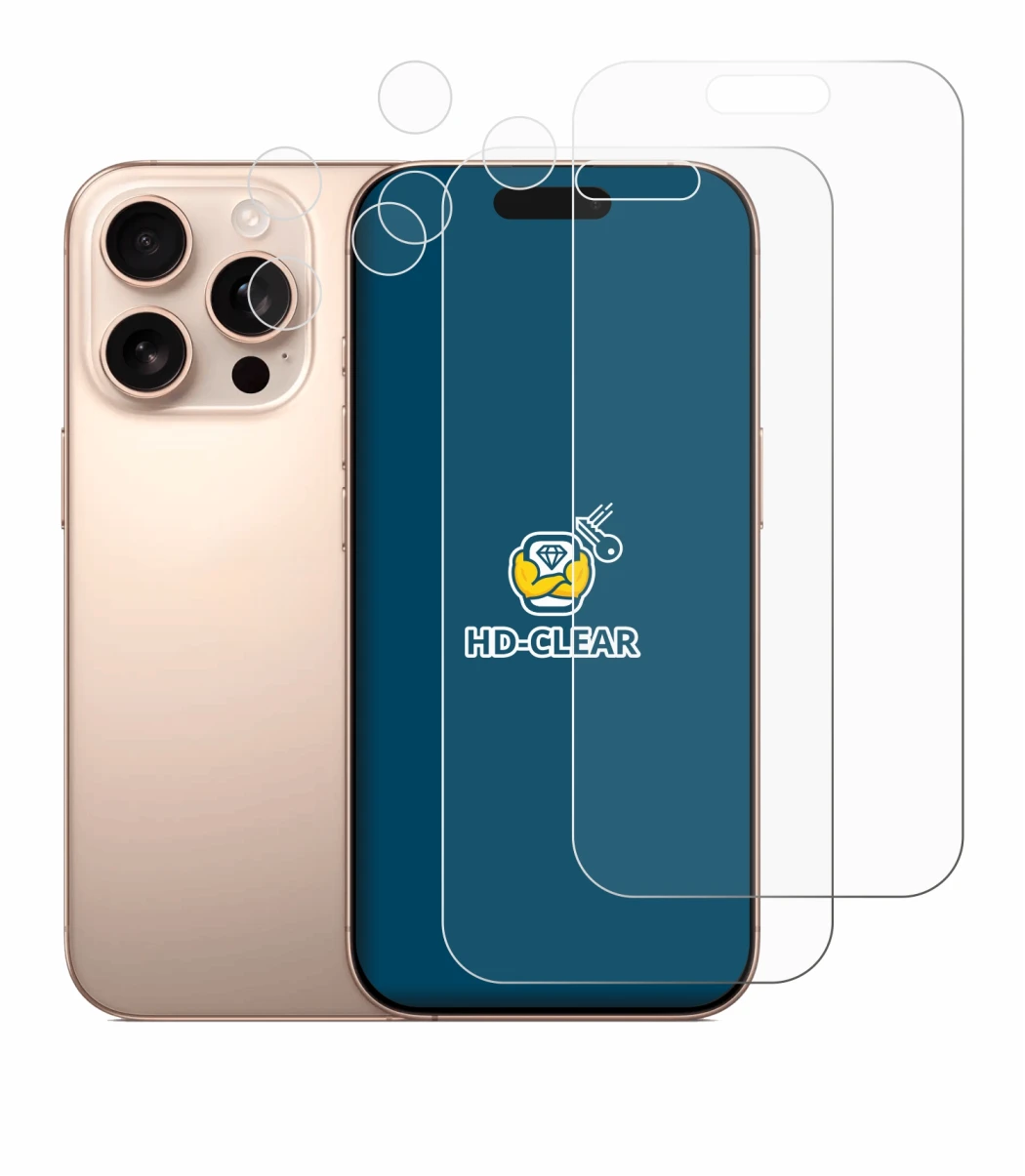 Image of the device Apple iPhone 16 Pro (Front+Camera) with a wide variety of screen protectors.