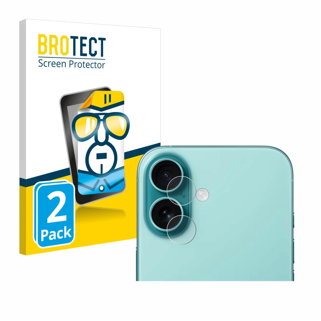 Front side of a product packaging with the brand logo BROTECT. Next to it is the device Apple iPhone 16 Plus (ONLY Camera Lens