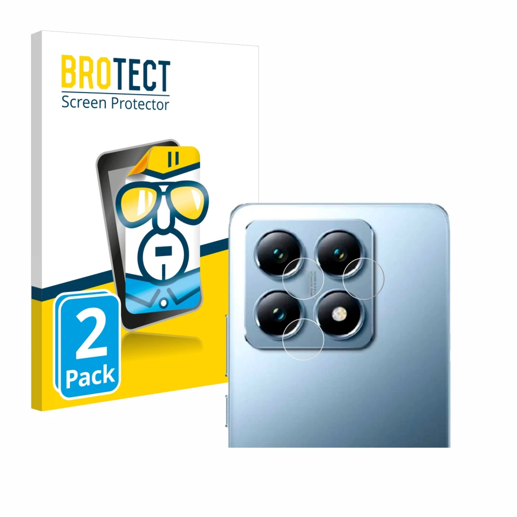 Front side of a product packaging with the brand logo BROTECT. Next to it is the device Xiaomi 14T Pro (ONLY Camera Lens) show