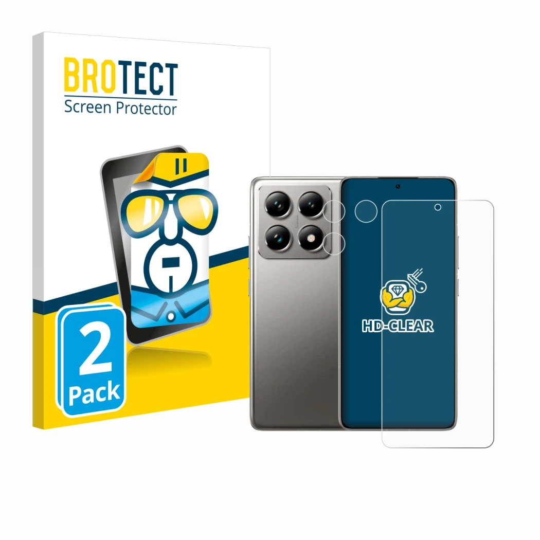 Front side of a product packaging with the brand logo BROTECT. Next to it is the device Xiaomi 14T Pro (Front+Camera) shown wi