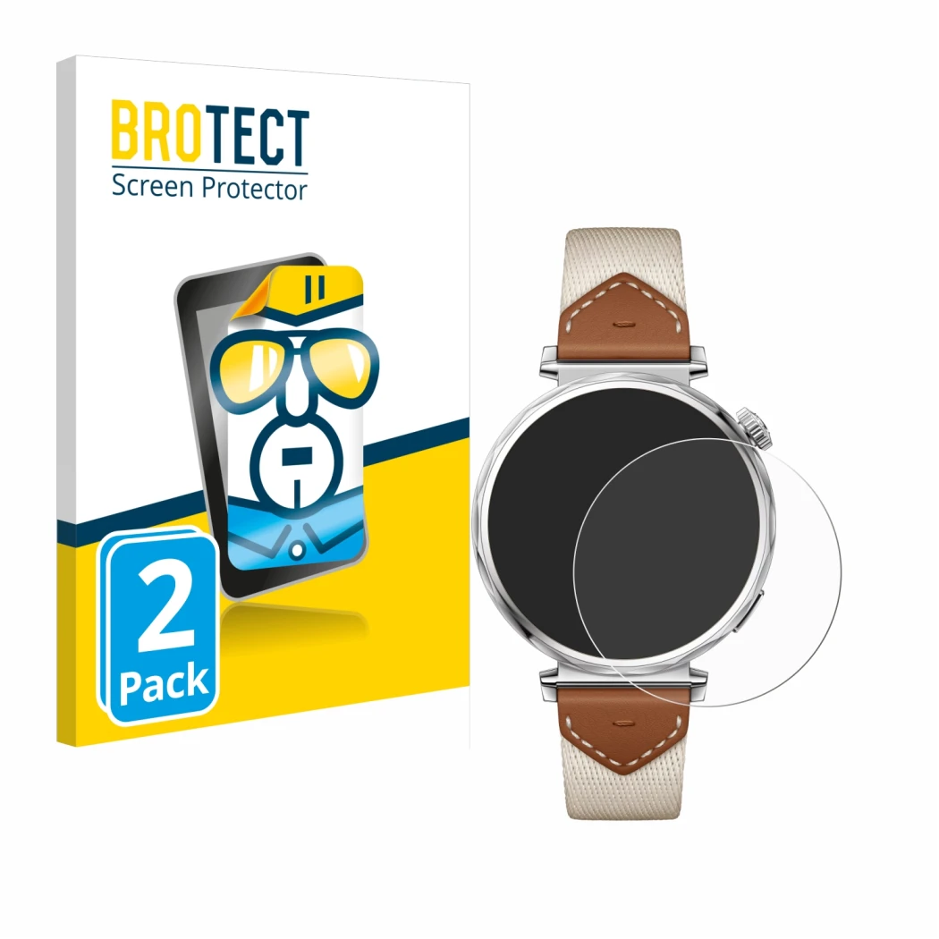 Front side of a product packaging with the brand logo BROTECT. Next to it is the device Huawei Watch GT 5 (41 mm) shown with t