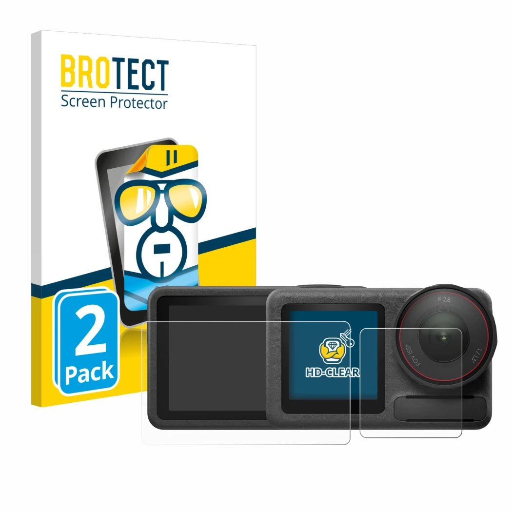 Front side of a product packaging with the brand logo BROTECT. Next to it is the device DJI Osmo Action 5 Pro shown with the c