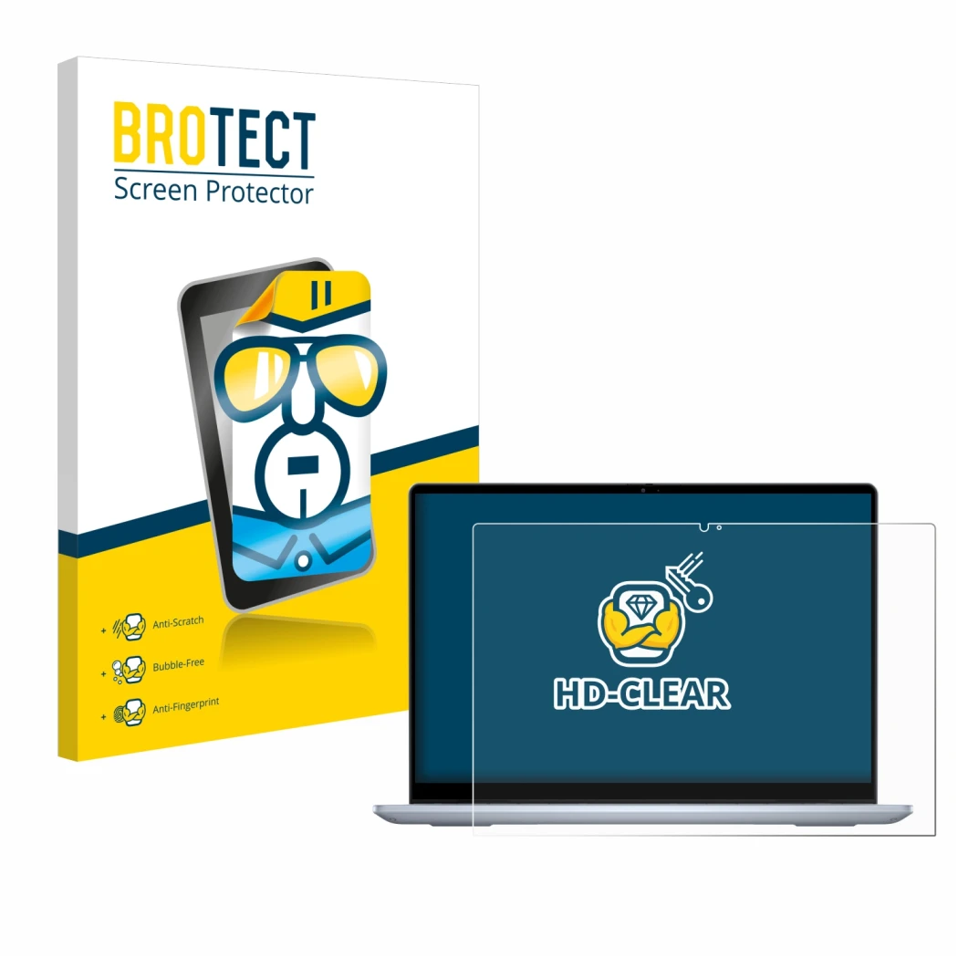 Front side of a product packaging with the brand logo BROTECT. Next to it is the device Dell Inspiron 14 7445 2-in-1 shown wit