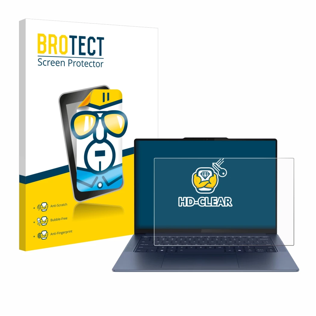 Front side of a product packaging with the brand logo BROTECT. Next to it is the device Lenovo Yoga Slim 7 Gen 9 14