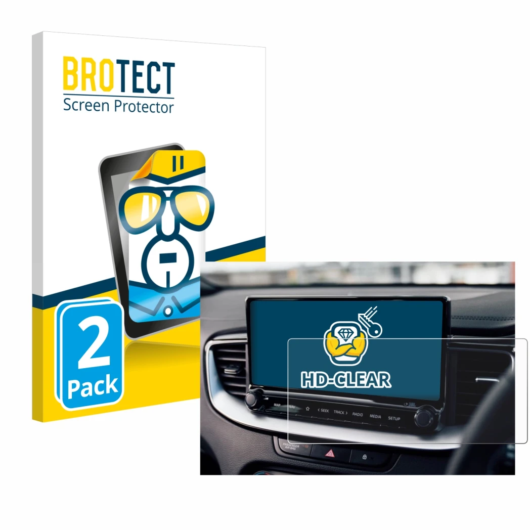 Front side of a product packaging with the brand logo BROTECT. Next to it is the device Kia XCeed 2024 shown with the correspo