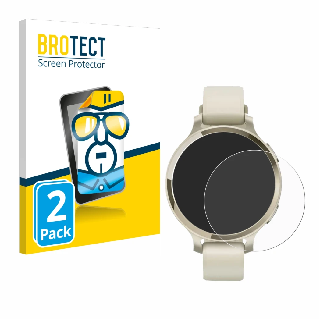 Front side of a product packaging with the brand logo BROTECT. Next to it is the device Garmin Lily 2 Active shown with the co