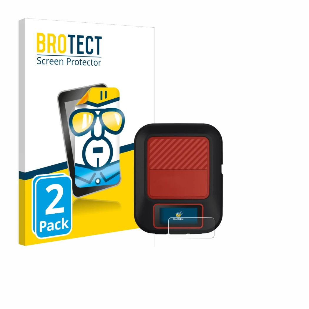 Front side of a product packaging with the brand logo BROTECT. Next to it is the device Garmin inReach Messenger Plus shown wi