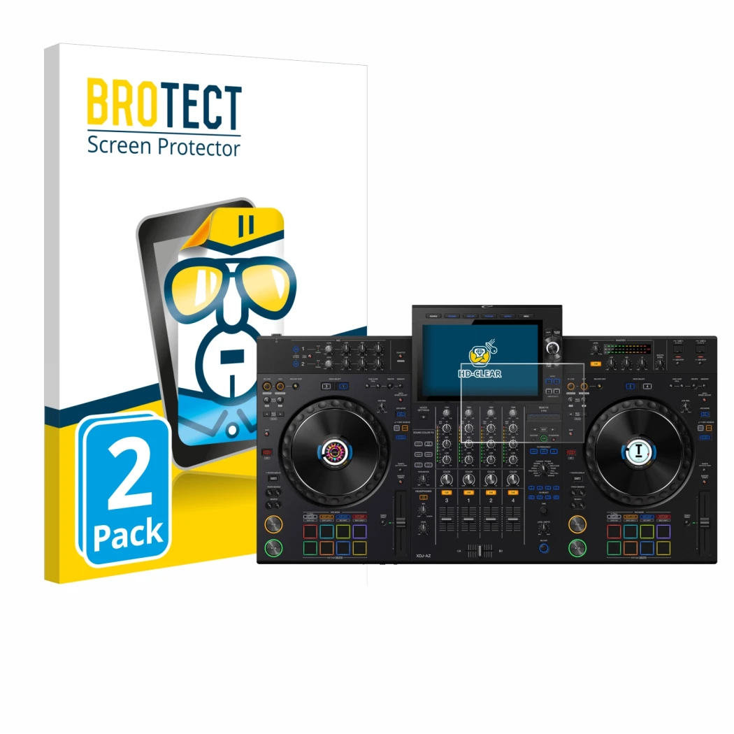 Front side of a product packaging with the brand logo BROTECT. Next to it is the device AlphaTheta XDJ-AZ shown with the corre