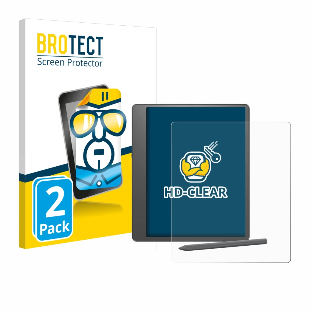 Front side of a product packaging with the brand logo BROTECT. Next to it is the device Amazon Kindle Scribe 2024 shown with t