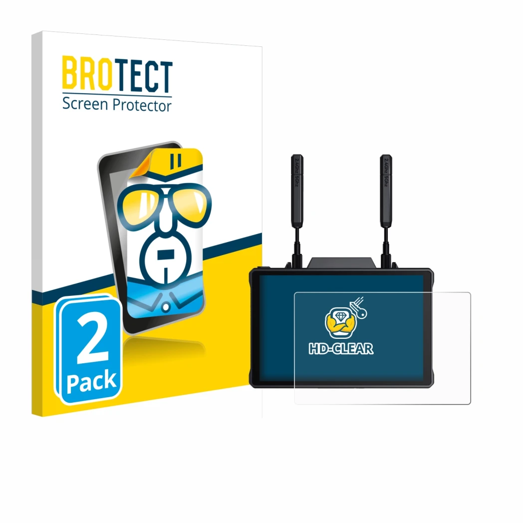 Front side of a product packaging with the brand logo BROTECT. Next to it is the device Hollyland Pyro 7 shown with the corres