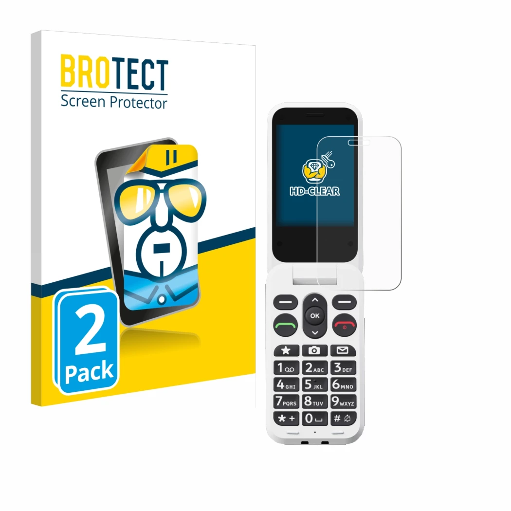 Front side of a product packaging with the brand logo BROTECT. Next to it is the device Doro Leva L20 shown with the correspon