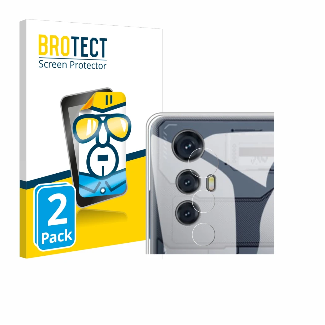 Front side of a product packaging with the brand logo BROTECT. Next to it is the device Cubot Max 5 (ONLY Camera) shown with t