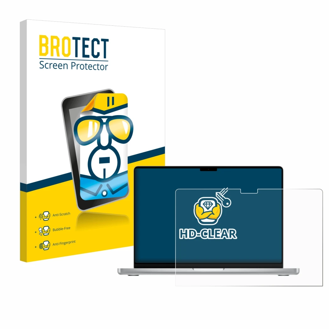 Front side of a product packaging with the brand logo BROTECT. Next to it is the device Apple MacBook Pro 14