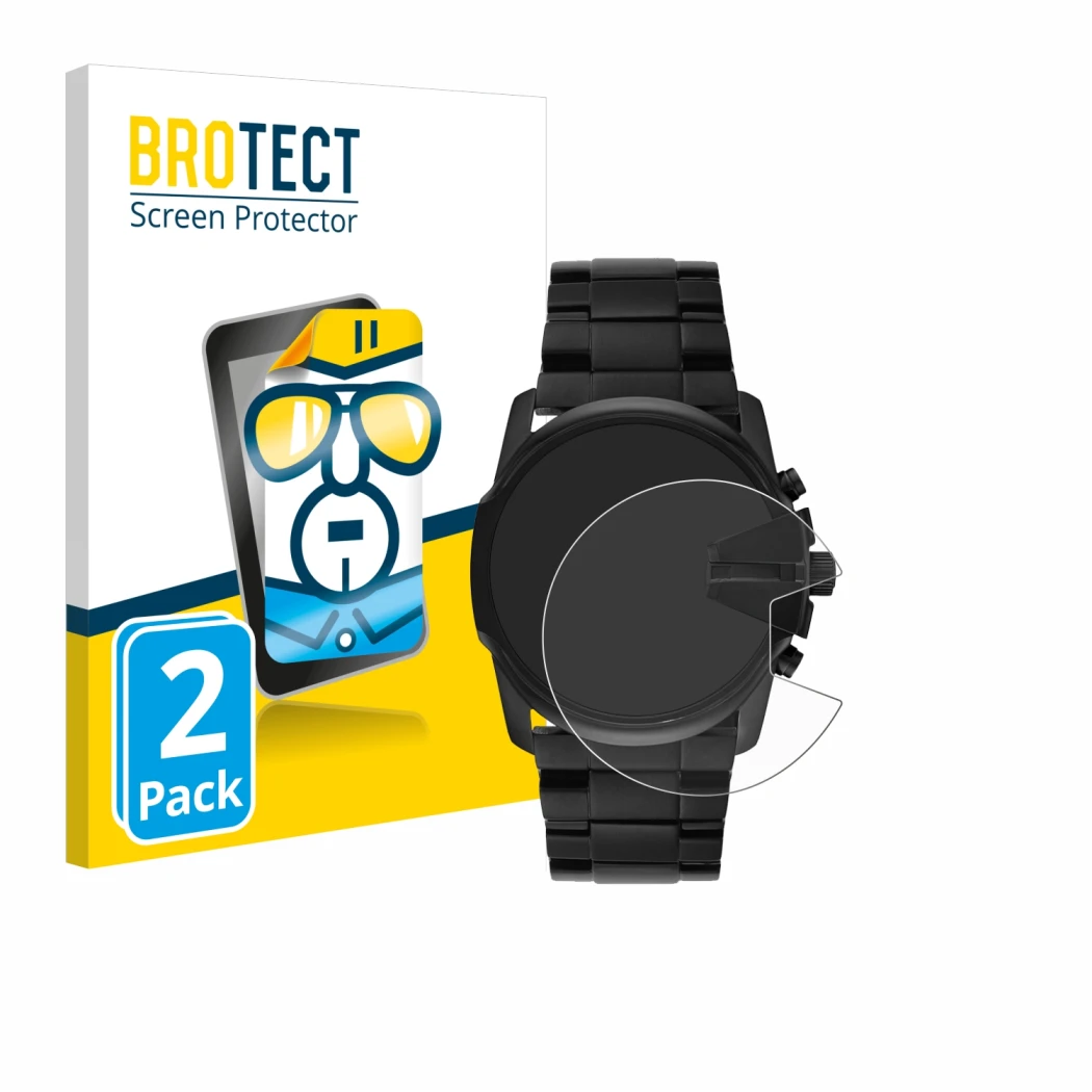 Front side of a product packaging with the brand logo BROTECT. Next to it is the device Diesel Master Chief DZ4180 shown with 