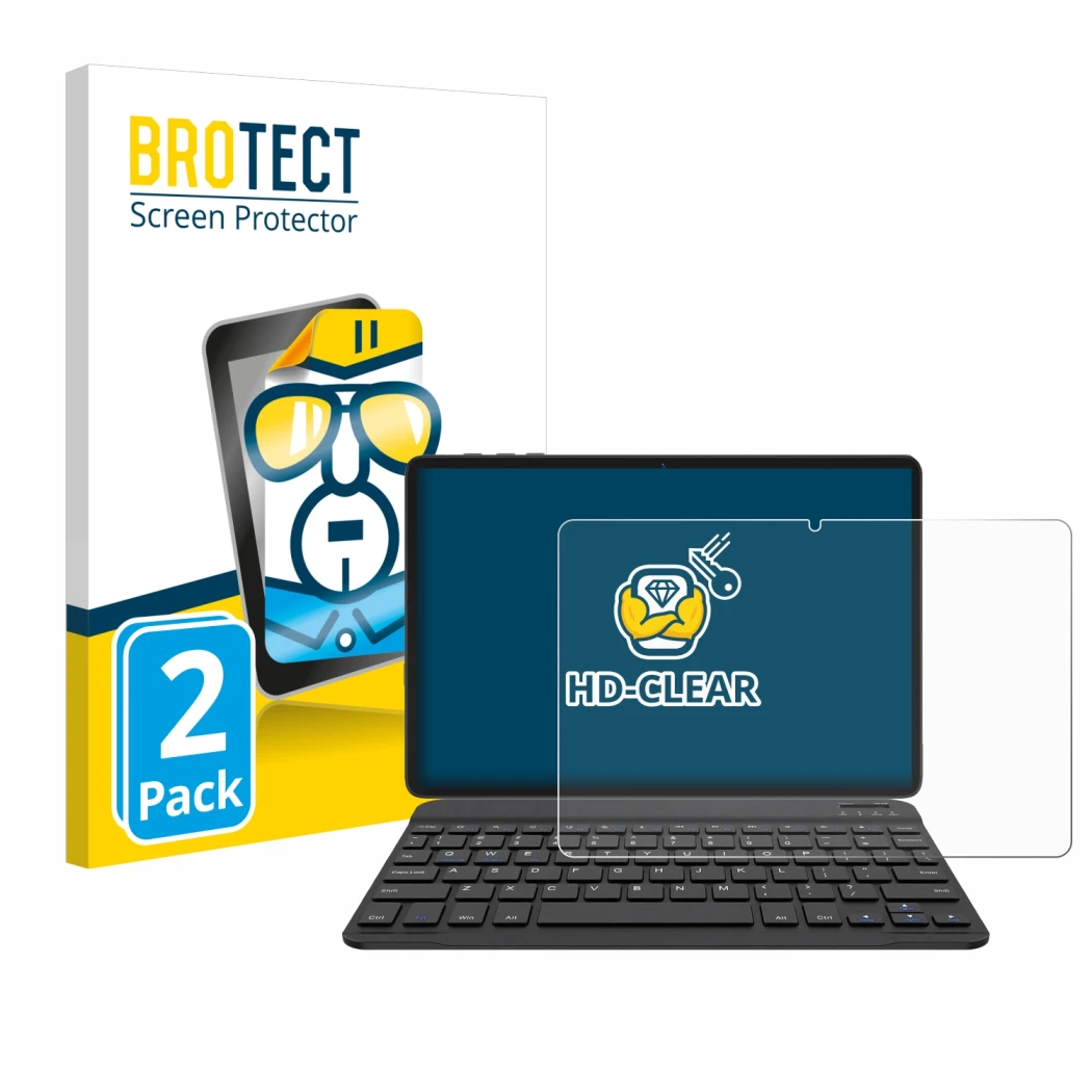 Front side of a product packaging with the brand logo BROTECT. Next to it is the device BESTTAB A20 shown with the correspondi