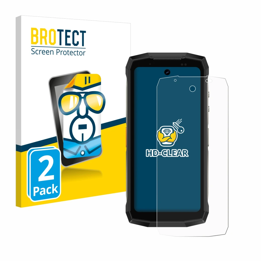 Front side of a product packaging with the brand logo BROTECT. Next to it is the device Ulefone Armor Mini 20 Pro shown with t