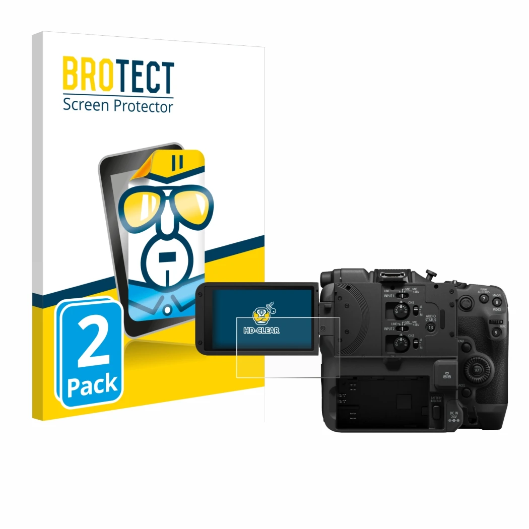 Front side of a product packaging with the brand logo BROTECT. Next to it is the device Canon EOS C400 shown with the correspo