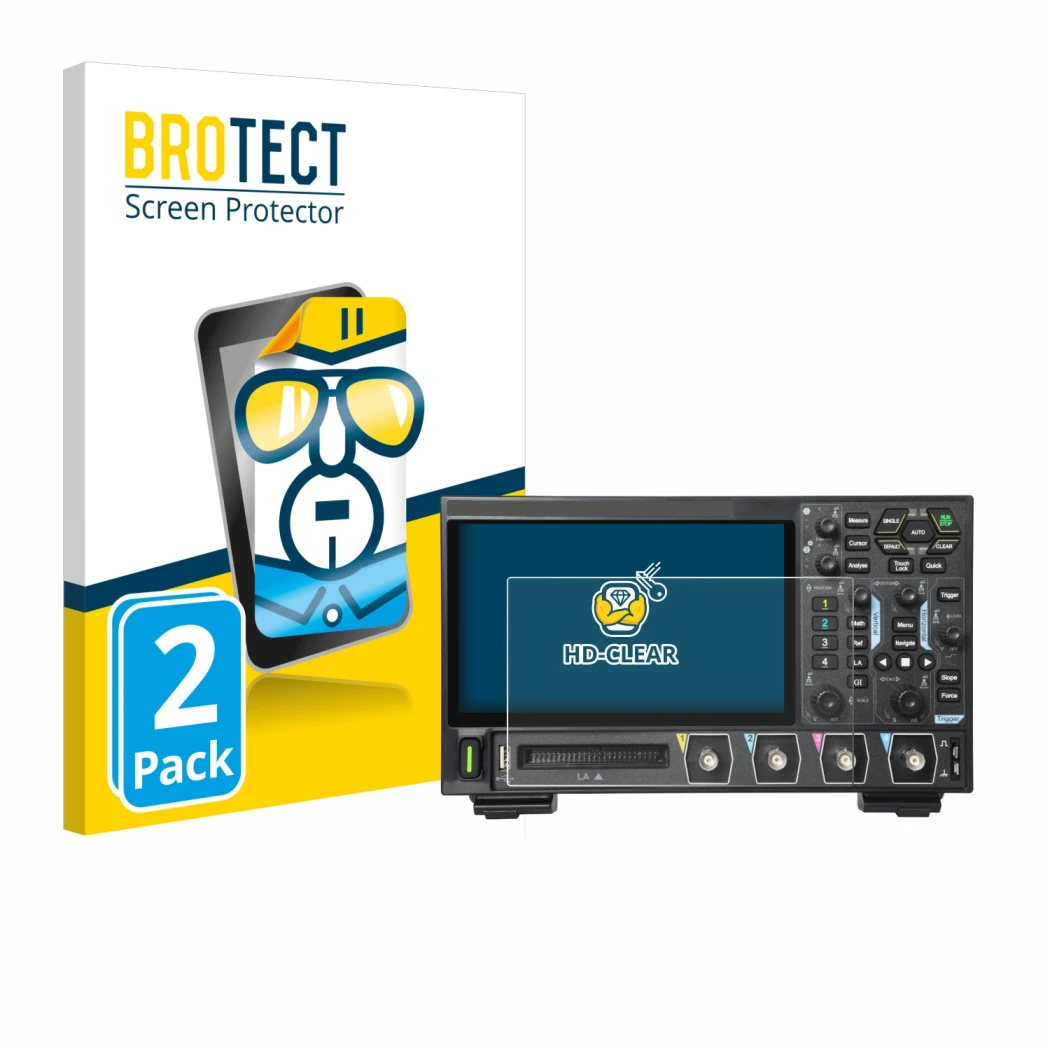 Front side of a product packaging with the brand logo BROTECT. Next to it is the device Rigol DHO914 shown with the correspond