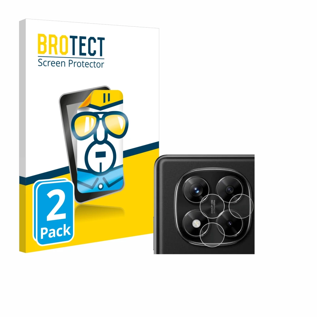 Front side of a product packaging with the brand logo BROTECT. Next to it is the device Xiaomi Redmi Note 14 Pro (ONLY Camera 