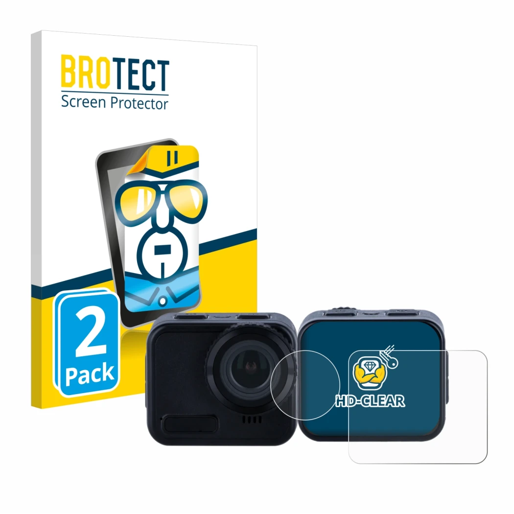 Front side of a product packaging with the brand logo BROTECT. Next to it is the device Rollei 9s Cube shown with the correspo