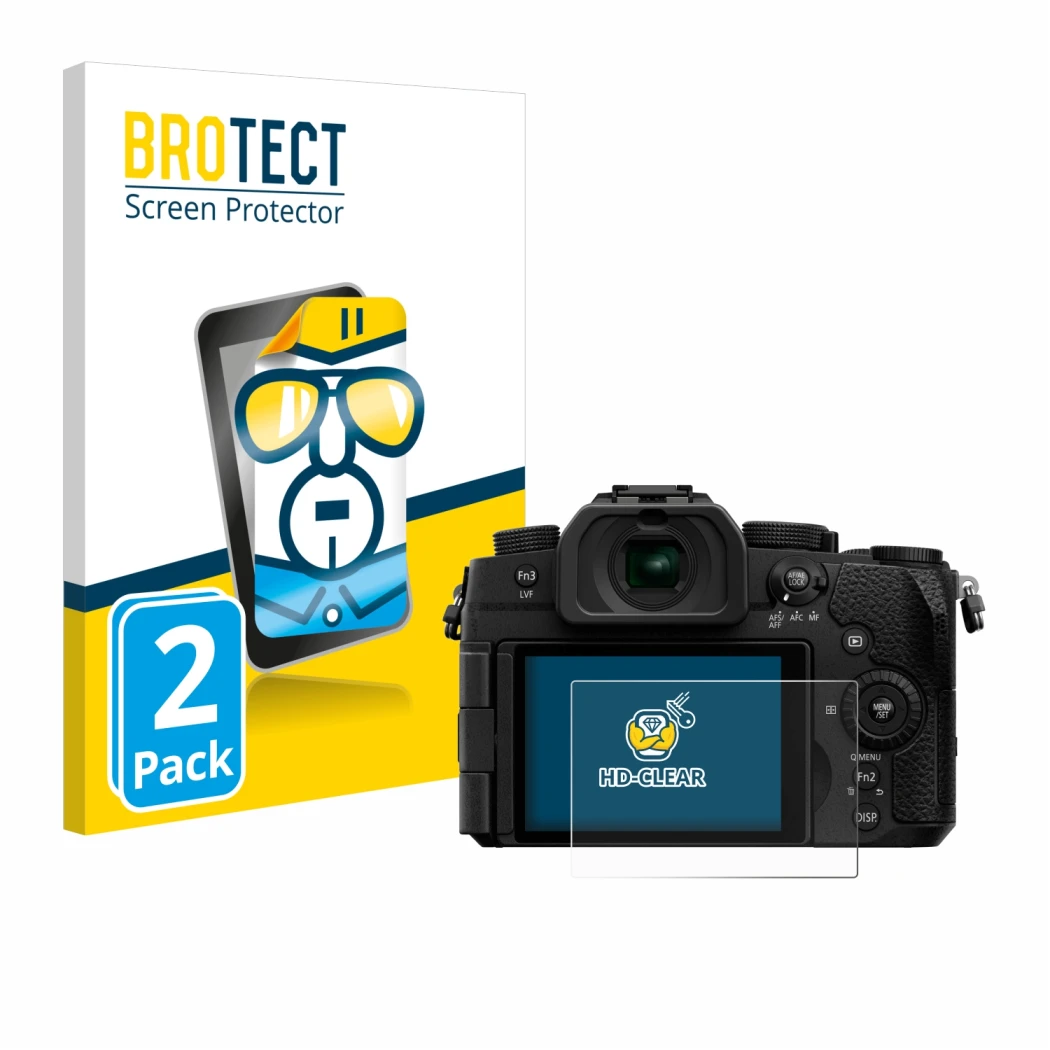 Front side of a product packaging with the brand logo BROTECT. Next to it is the device Panasonic Lumix DC-G97 shown with the