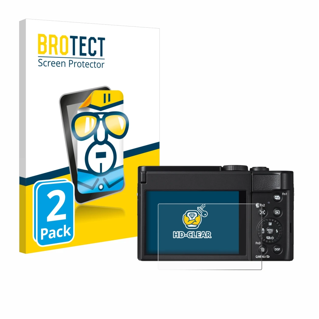 Front side of a product packaging with the brand logo BROTECT. Next to it is the device Panasonic Lumix DC-TZ99 shown with the
