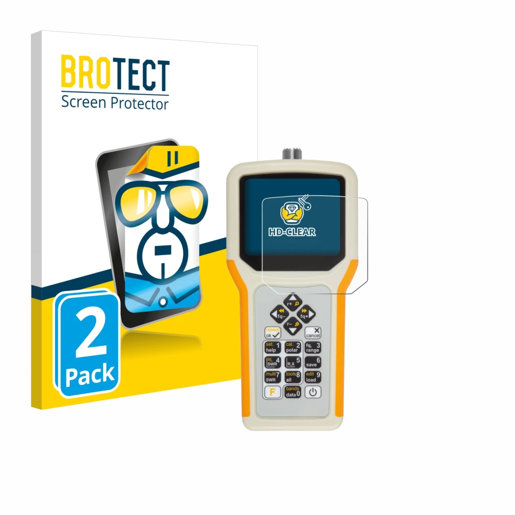 Front side of a product packaging with the brand logo BROTECT. Next to it is the device RigExpert AA-55 Zoom shown with the co