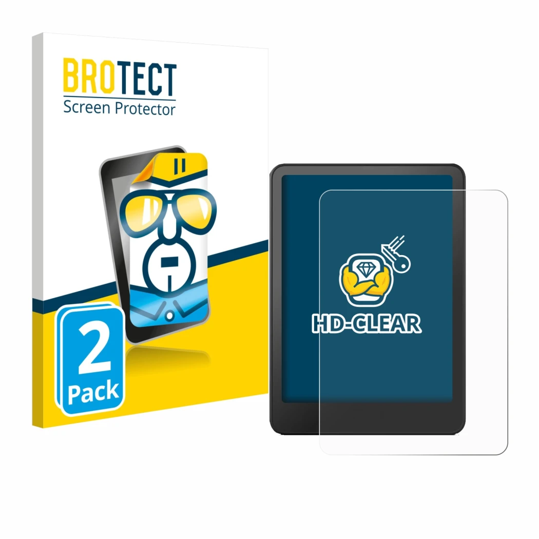 Front side of a product packaging with the brand logo BROTECT. Next to it is the device Amazon Kindle Paperwhite 2024 Signatur