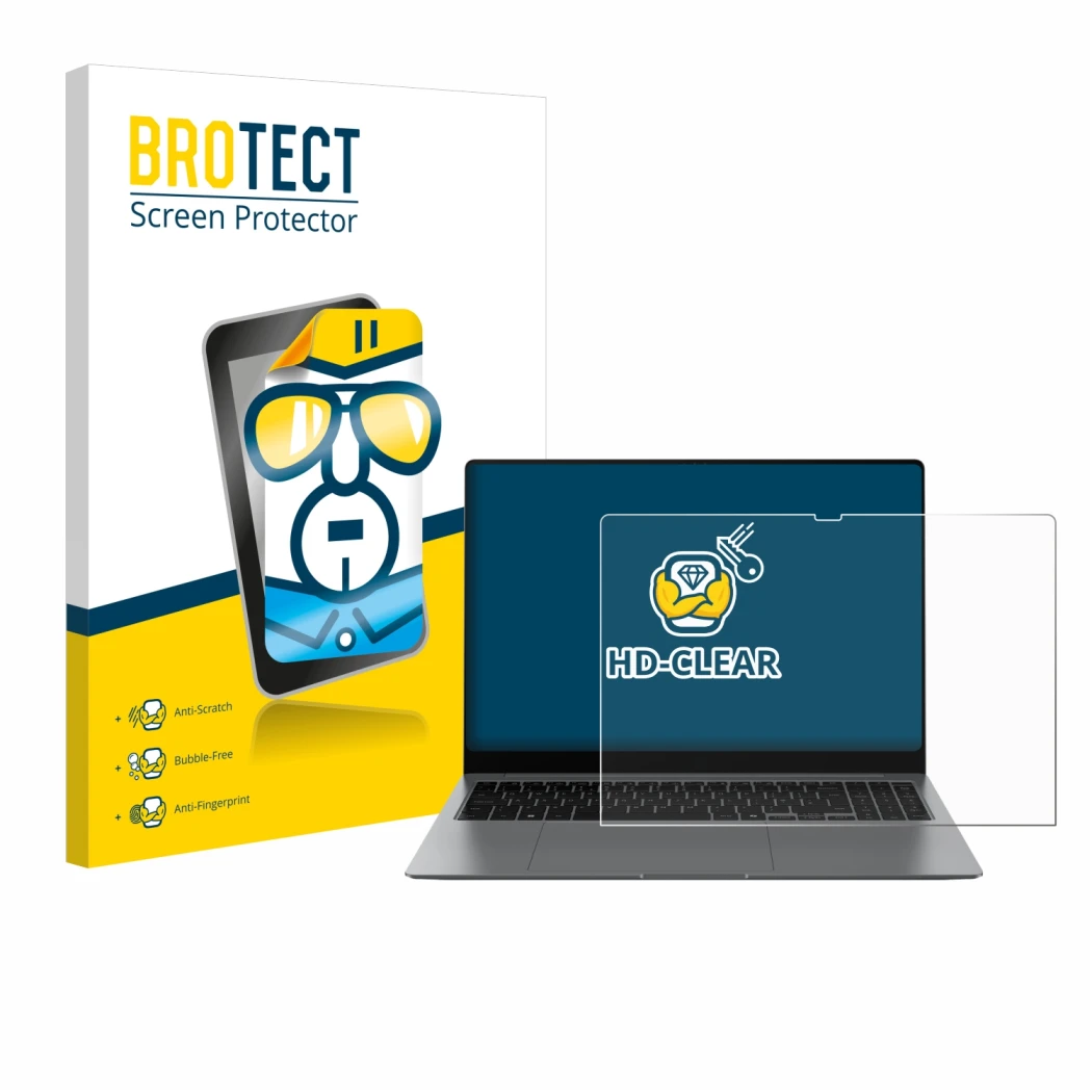 Front side of a product packaging with the brand logo BROTECT. Next to it is the device Samsung Galaxy Book5 Pro 16