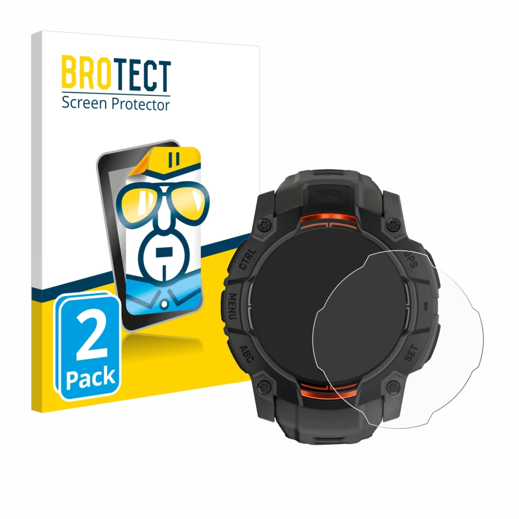 Front side of a product packaging with the brand logo BROTECT. Next to it is the device Garmin Instinct 3 Solar (45 mm) shown