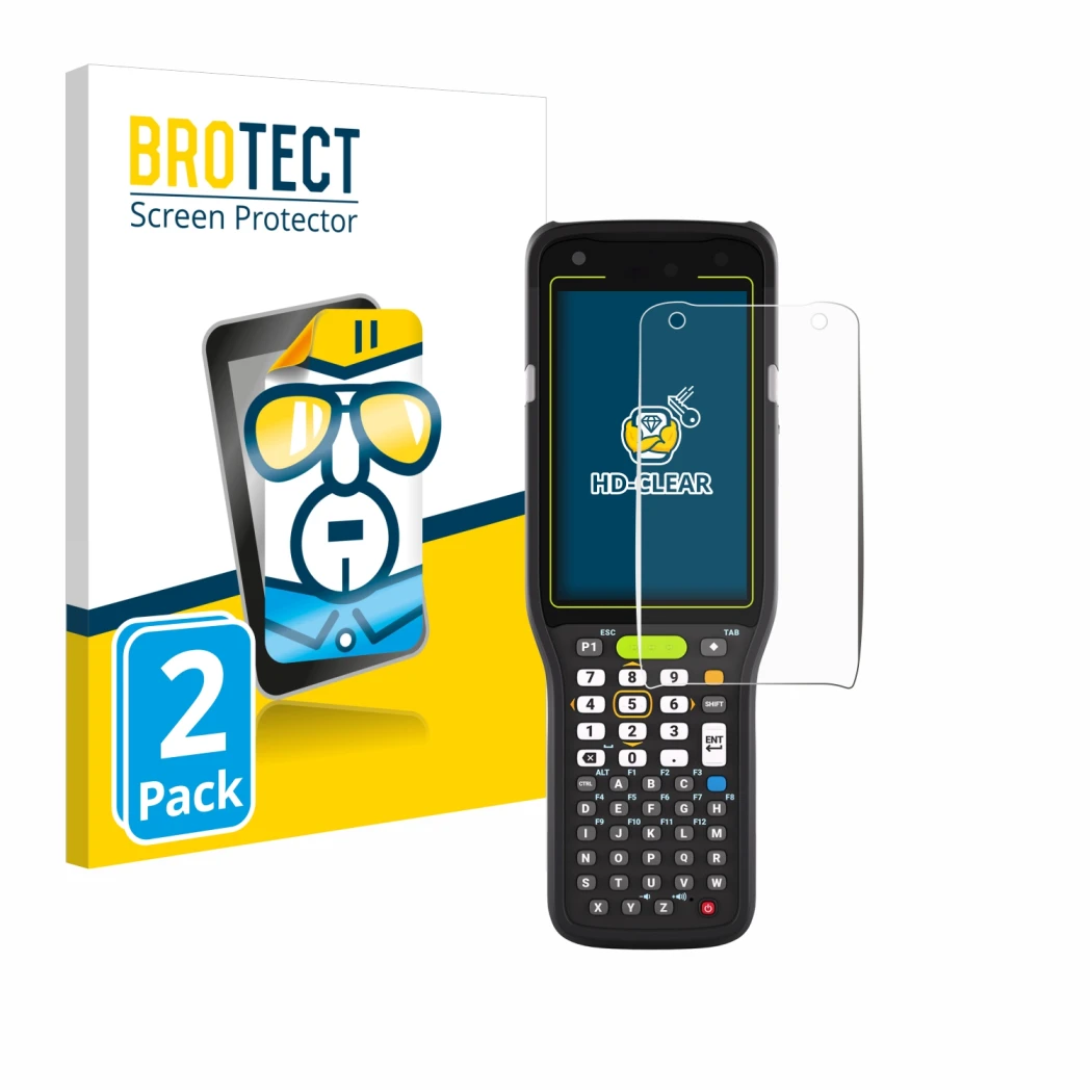 Front side of a product packaging with the brand logo BROTECT. Next to it is the device Zebra MC3400 shown with the correspond