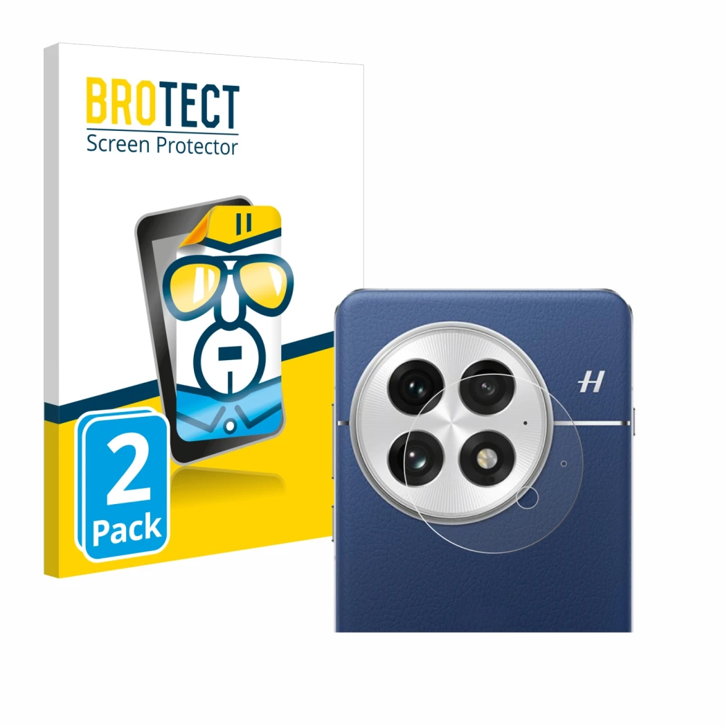 Front side of a product packaging with the brand logo BROTECT. Next to it is the device OnePlus 13 (ONLY Camera Lens) shown wi